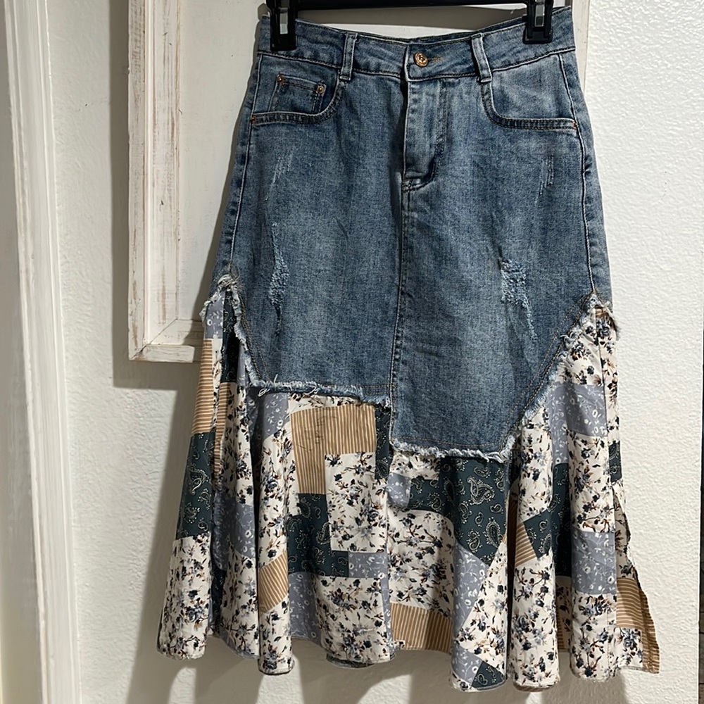 Paisley patchwork denim skirt